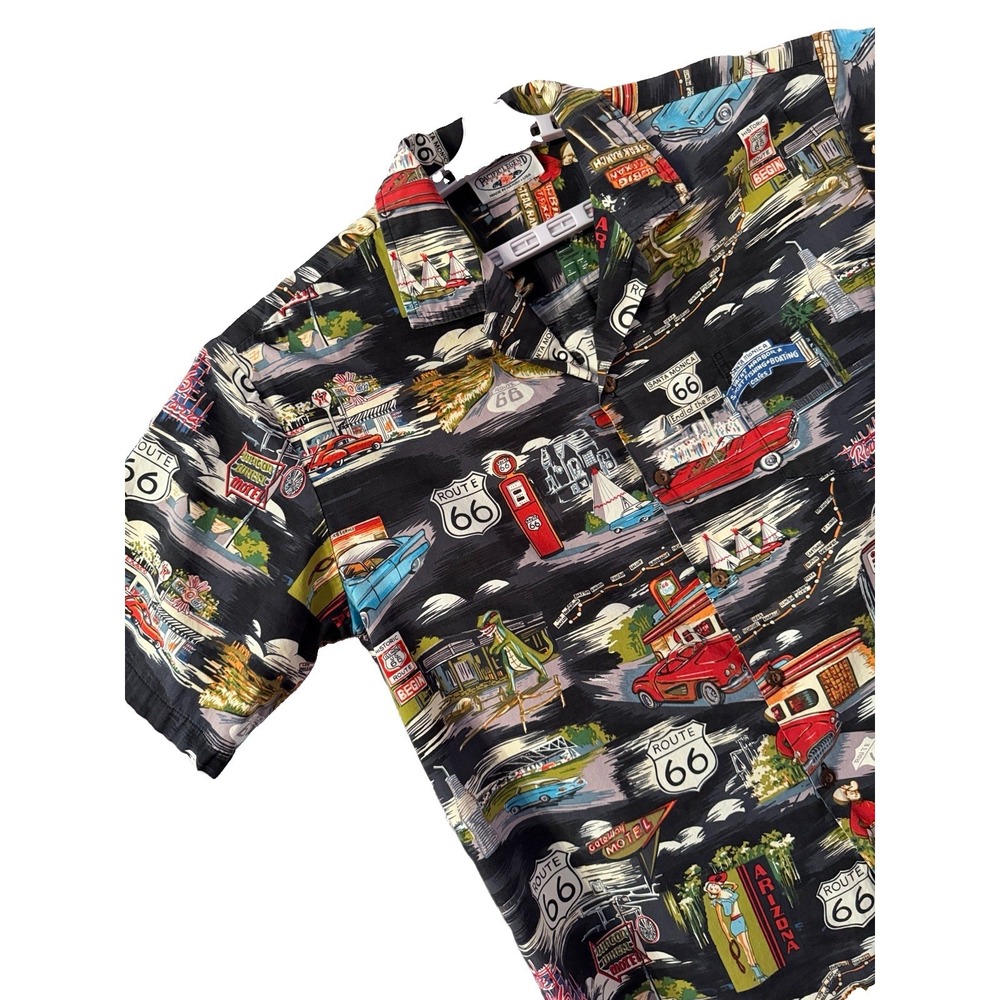 Vtg Pacific Legend Route 66 Shirt Mens L Classic Cars Pin Up Camp Hawaiian USA